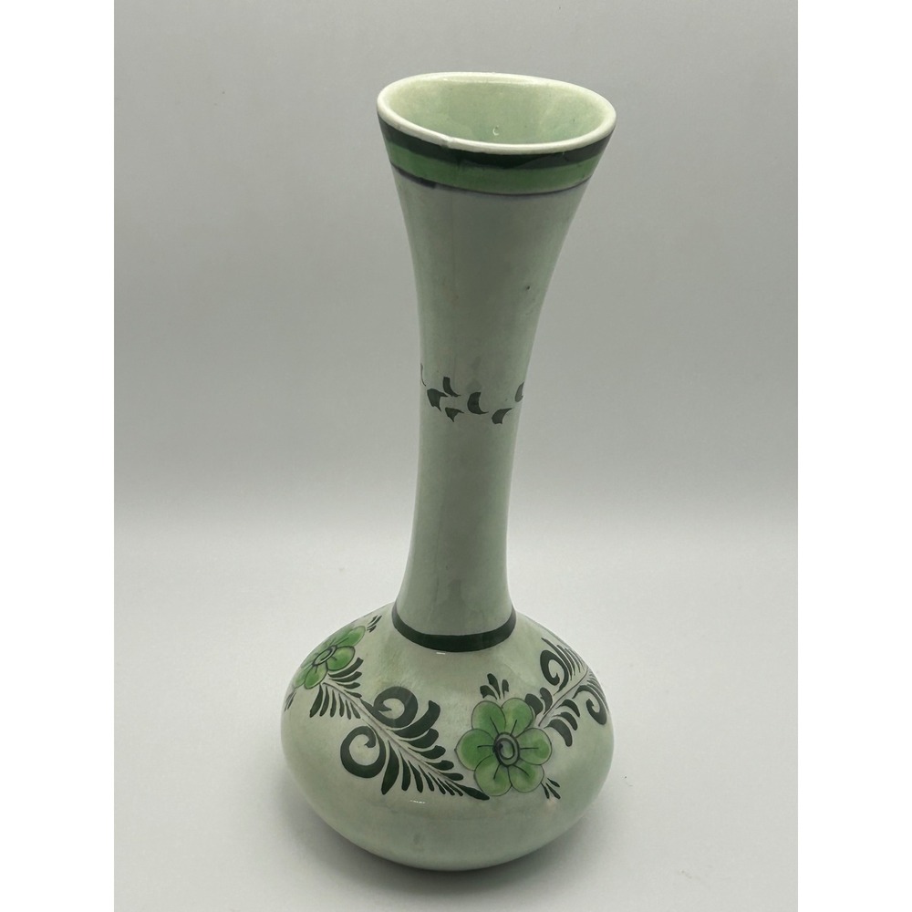 Vintage CAT Mexico Hand Painted Pottery Bud Vase Green Floral Folk Art 8.5" - Picture 7 of 10